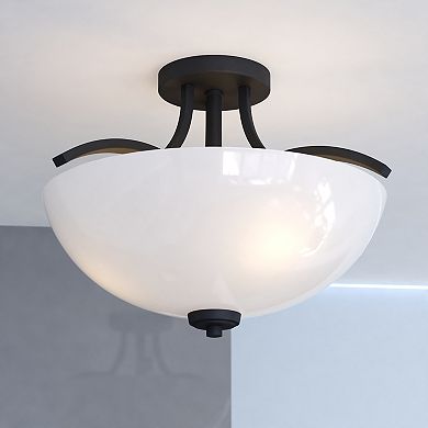 VAXCEL River Grove Matte Black Bowl Semi-Flush Mount Ceiling Light, White Glass