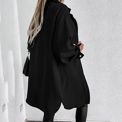 Womens Collar Neck Roll Up Sleeve Button Down Midi Length Shirt Jacket