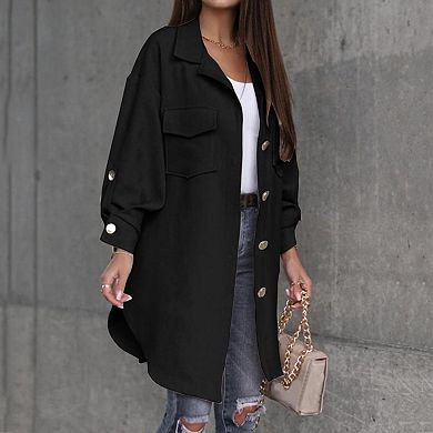 Womens Collar Neck Roll Up Sleeve Button Down Midi Length Shirt Jacket