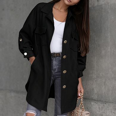 Womens Collar Neck Roll Up Sleeve Button Down Midi Length Shirt Jacket