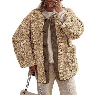 Women Coat Collarless Casual Long Sleeve Button Front Plush Fleece Jacket