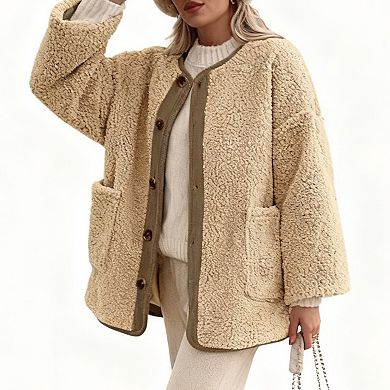 Women Coat Collarless Casual Long Sleeve Button Front Plush Fleece Jacket