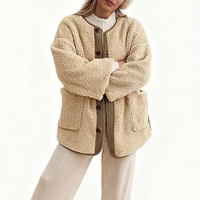 Women Coat Collarless Casual Long Sleeve Button Front Plush Fleece Jacket