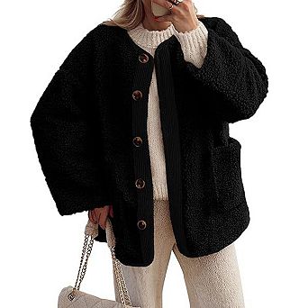 Women Coat Collarless Casual Long Sleeve Button Front Plush Fleece Jacket