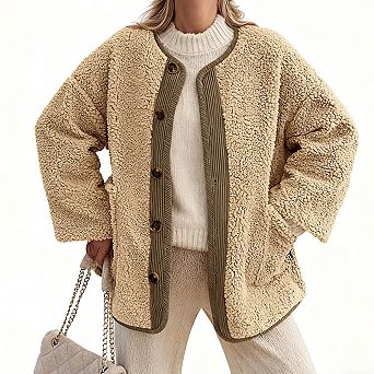 Women Coat Collarless Casual Long Sleeve Button Front Plush Fleece Jacket