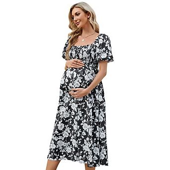 Womens Maternity Dress Summer Floral Print Square Neck Puff Sleeve Midi Dress Casual Ruffl Dress