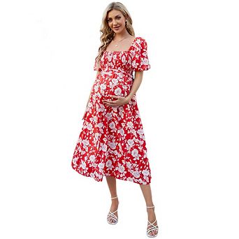 Womens Maternity Dress Summer Floral Print Square Neck Puff Sleeve Midi Dress Casual Ruffl Dress