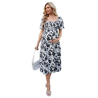 Womens Maternity Dress Summer Floral Print Square Neck Puff Sleeve Midi Dress Casual Ruffl Dress