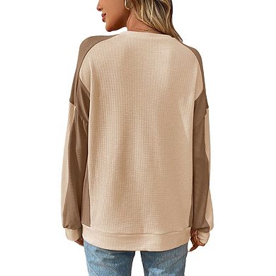 Women's Oversized Sweatshirt Waffle Knit Colorblock Crew Neck Long Sleeve Casual Top