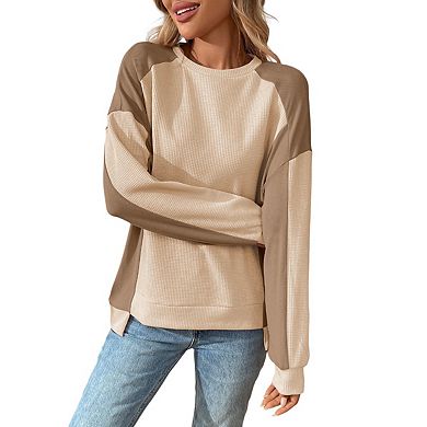 Women's Oversized Sweatshirt Waffle Knit Colorblock Crew Neck Long Sleeve Casual Top