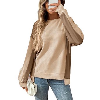 Women's Oversized Sweatshirt Waffle Knit Colorblock Crew Neck Long Sleeve Casual Top