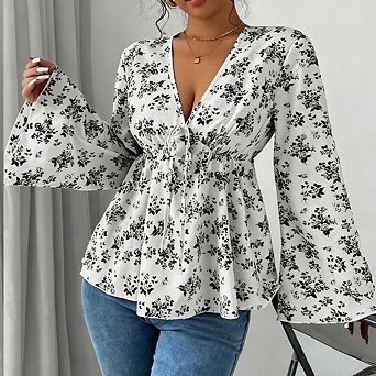 Women's Floral Print Casual Shirt Top Long Sleeve V Neck Tie Front Puff Hem Cute Blouse Tops