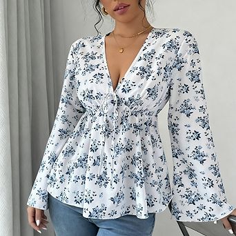 Women's Floral Print Casual Shirt Top Long Sleeve V Neck Tie Front Puff Hem Cute Blouse Tops