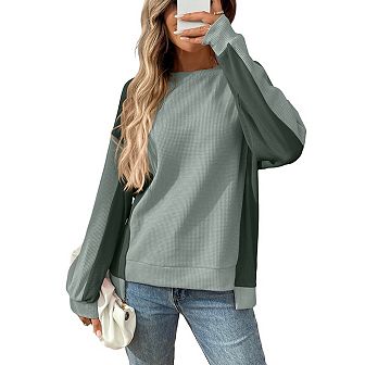 Women's Oversized Sweatshirt Waffle Knit Colorblock Crew Neck Long Sleeve Casual Top