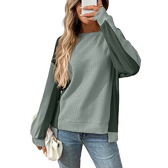Women's Oversized Sweatshirt Waffle Knit Colorblock Crew Neck Long Sleeve Casual Top