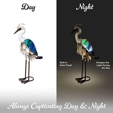 G128 Solar 24 in Coastal Ocean Bird Metal Heron Garden Statue with LED Lights