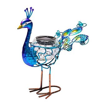G128 12 Inch Peacock Metal Peacock Garden Statue with Solar-Powered Light