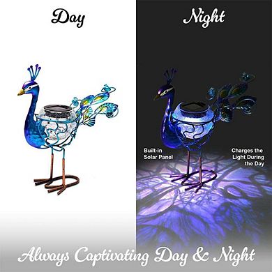 G128 12 Inch Peacock Metal Peacock Garden Statue with Solar-Powered Light