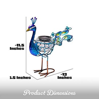 G128 12 Inch Peacock Metal Peacock Garden Statue with Solar-Powered Light