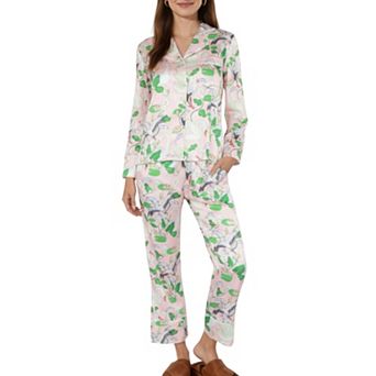 Women's 2 pc Set Long Sleeve Button Front Pajama Set with Crane Print and Soft Silky Fabric