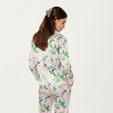 Women's 2-Piece Set Long Sleeve Button Front Pajama Set with Crane Print and Soft Silky Fabric