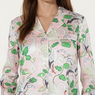 Women's 2-Piece Set Long Sleeve Button Front Pajama Set with Crane Print and Soft Silky Fabric