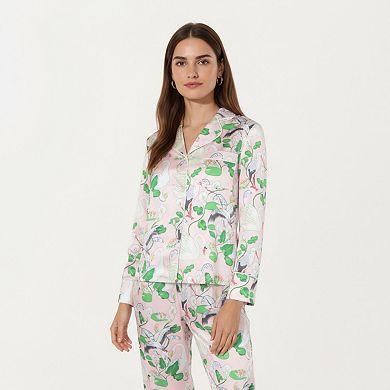 Women's 2-Piece Set Long Sleeve Button Front Pajama Set with Crane Print and Soft Silky Fabric