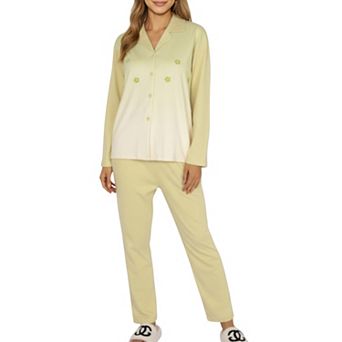 Women's Long Sleeve Button Front Top and Relaxed Fit Pants Pajama Set with Minimalist Floral Detail