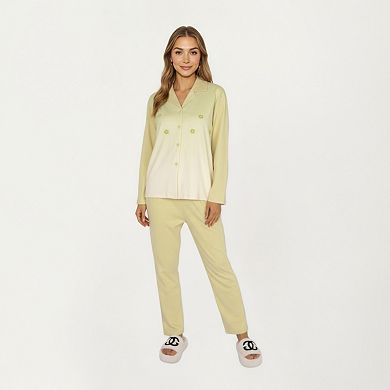 Women's Long Sleeve Button Front Top and Relaxed Fit Pants Pajama Set with Minimalist Floral Detail