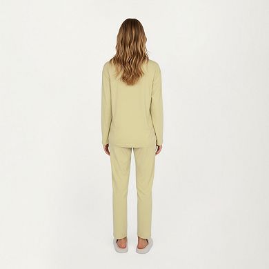 Women's Long Sleeve Button Front Top and Relaxed Fit Pants Pajama Set with Minimalist Floral Detail