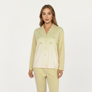 Women's Long Sleeve Button Front Top and Relaxed Fit Pants Pajama Set with Minimalist Floral Detail
