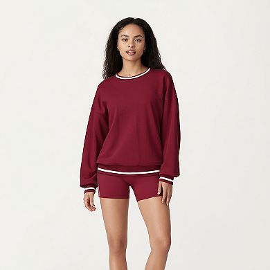Women's Long Sleeve Crew Neck Pullover Sweatshirt with Contrast Trim Ribbed Hem and Relaxed Fit