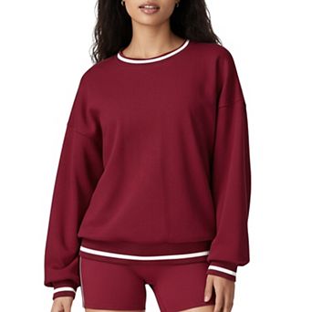 Women's Long Sleeve Crew Neck Pullover Sweatshirt with Contrast Trim Ribbed Hem and Relaxed Fit