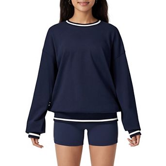 Women's Long Sleeve Crew Neck Pullover Sweatshirt with Contrast Trim Ribbed Hem and Relaxed Fit