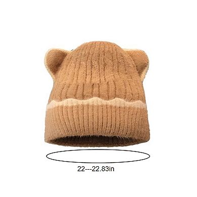 Women's Knit Beanie Hat with Adorable Bear Ears and Soft Ribbed Texture