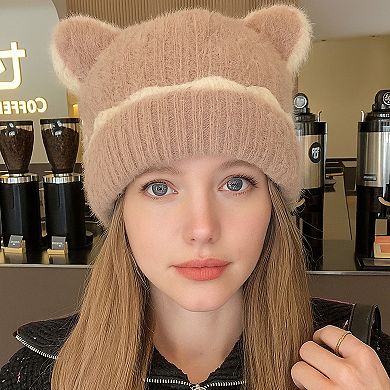 Women's Knit Beanie Hat with Adorable Bear Ears and Soft Ribbed Texture