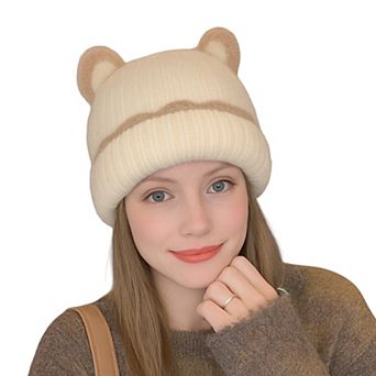 Women's Knit Beanie Hat with Adorable Bear Ears and Soft Ribbed Texture