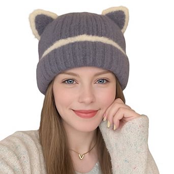 Women's Knit Beanie Hat with Adorable Bear Ears and Soft Ribbed Texture