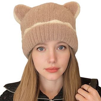 Women's Knit Beanie Hat with Adorable Bear Ears and Soft Ribbed Texture