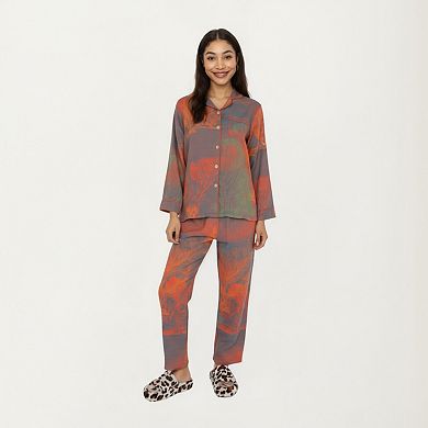 Women's 2-Piece Long Sleeve Button Front Top and Relaxed Fit Pants Pajama Set with Abstract Print