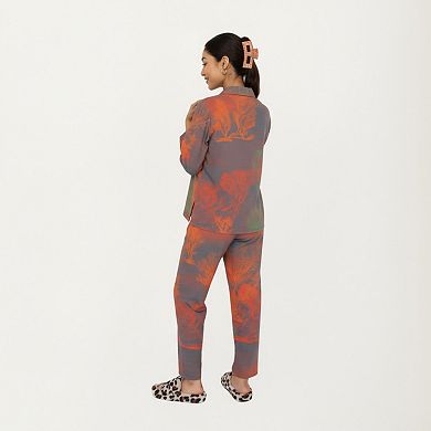 Women's 2-Piece Long Sleeve Button Front Top and Relaxed Fit Pants Pajama Set with Abstract Print