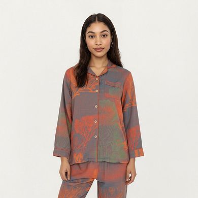 Women's 2-Piece Long Sleeve Button Front Top and Relaxed Fit Pants Pajama Set with Abstract Print