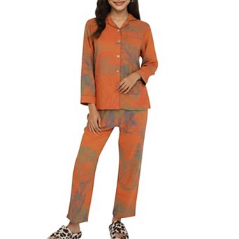 Women's 2 pc Long Sleeve Button Front Top and Relaxed Fit Pants Pajama Set with Abstract Print