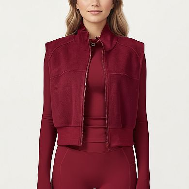 Women's Cropped Zip Closure Vest with Stand Collar and Fitted Hem