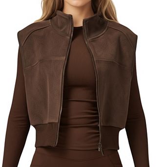 Women's Cropped Zip Closure Vest with Stand Collar and Fitted Hem