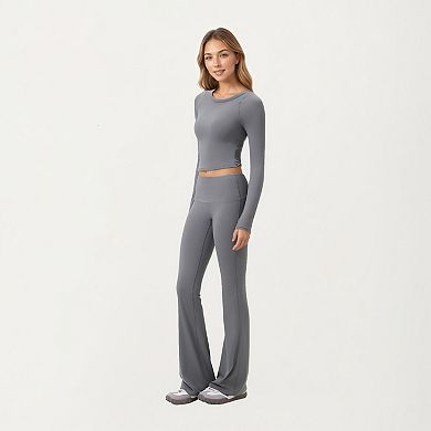 Women's High Waist Flare Leg Pants with Foldover Waistband and Stretch Performance Fabric