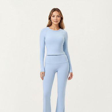 Women's High Waist Flare Leg Pants with Foldover Waistband and Stretch Performance Fabric
