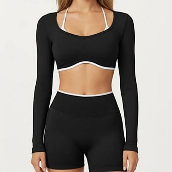 Women's Long Sleeve Crop Top with Contrast Trim and Scoop Neckline