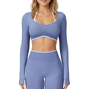 Women's Long Sleeve Crop Top with Contrast Trim and Scoop Neckline
