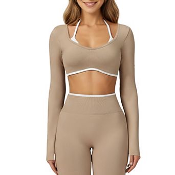 Women's Long Sleeve Crop Top with Contrast Trim and Scoop Neckline